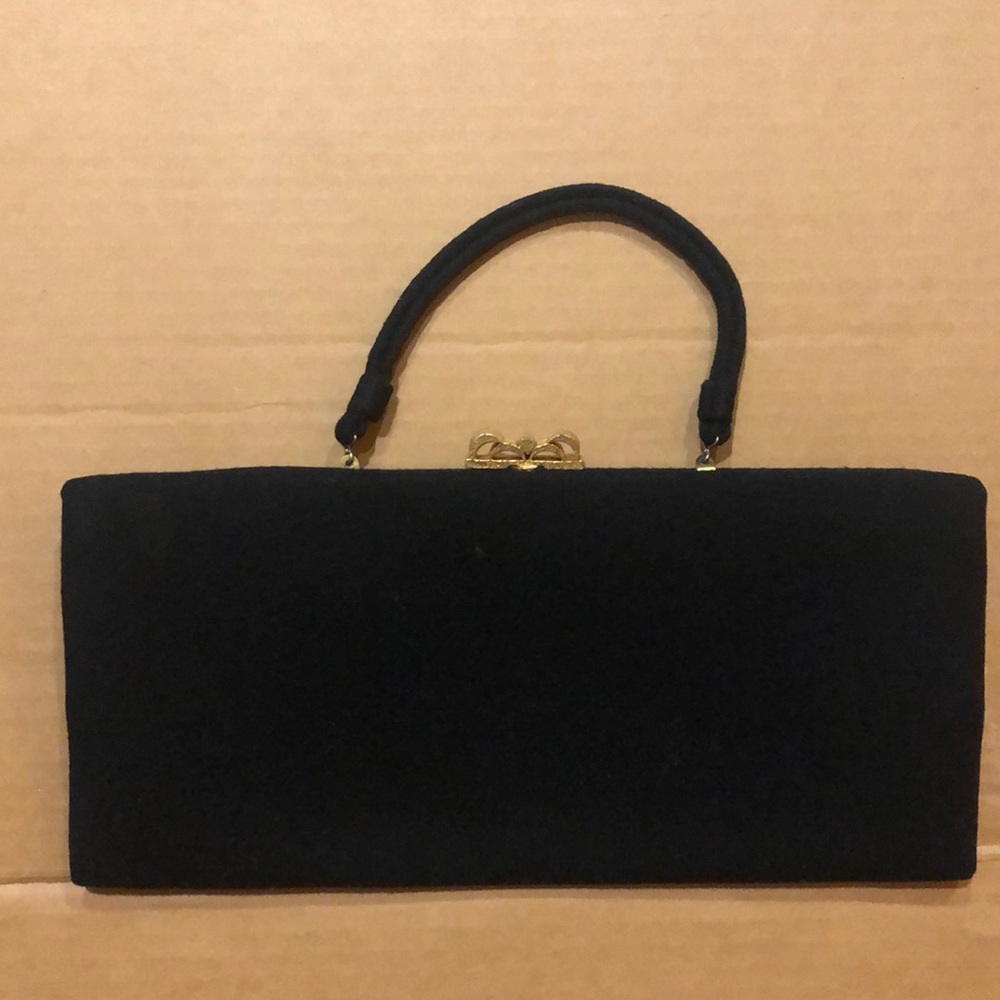 L&M Rectangular black fabric (wool?) purse with gold accent opener